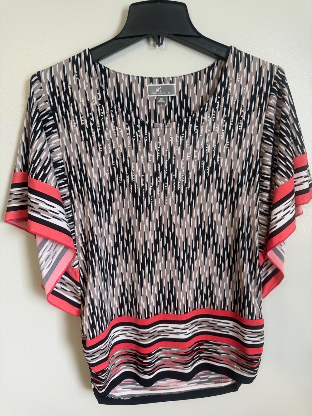 JM Collection Black, Taupe & Coral Printed Flutter-Sleeve Rhinestone Trim Top XS